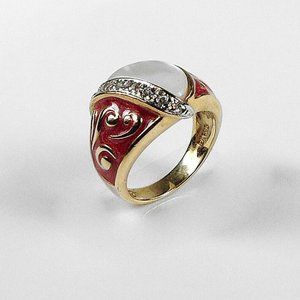 Vintage Red Enameled Ring /Mother of Pearl - Sz 6